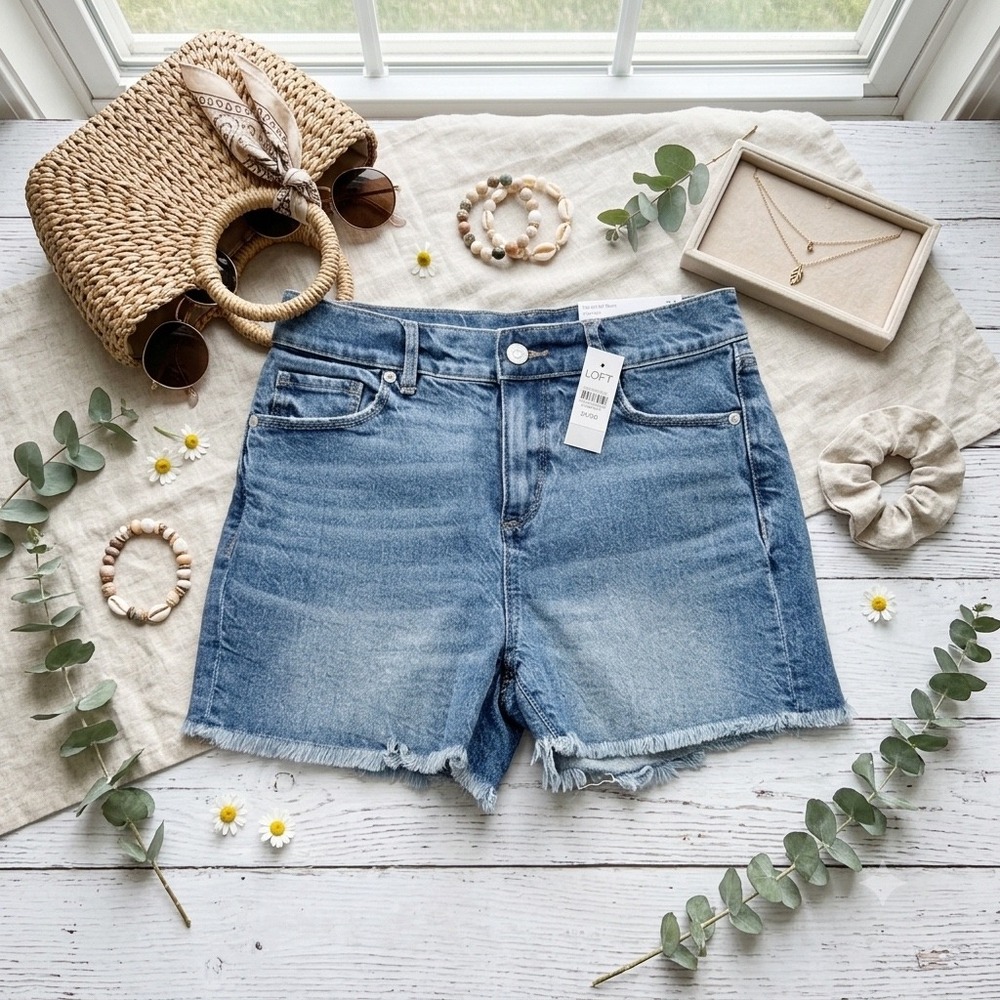 LOFT The Cut Off Short Women 24 Blue NWT High Rise Denim Frayed Hem 761132 Jorts